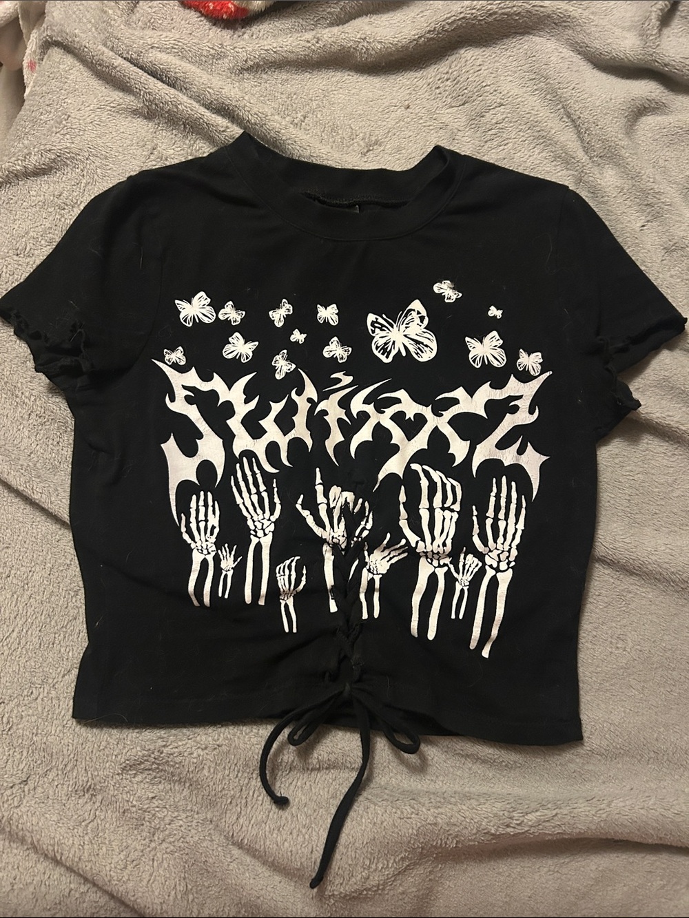 Zumiez Black Crop Top with White Skeleton & Butterfly Print